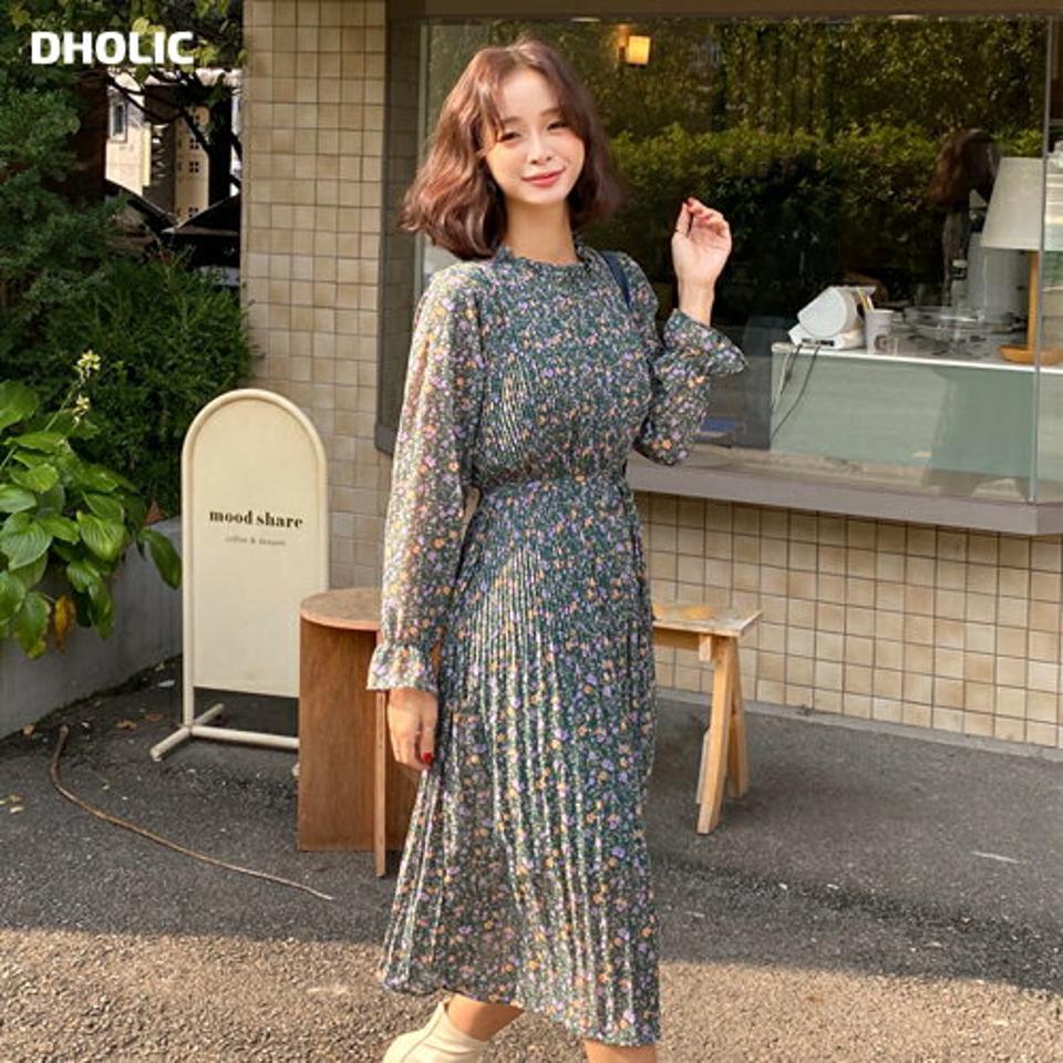 ストラップ付プリーツフラワーワンピース・全3色・b65291 レディース 【ops】韓国ファッション ワンピース ロングワンピース 長袖 フラワー 花柄 小花柄 ストラップ付 プリーツ 大人 ロング丈 スリム シンプル フェミニン 秋 冬