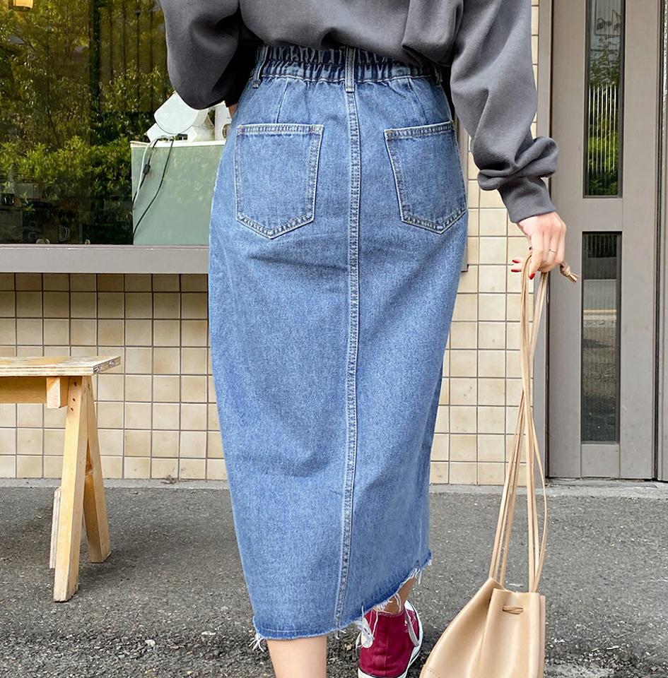 Hラインスリットデニムスカート・全1色・t65298 レディース 【sk】韓国ファッション ボトムス スカート ロング ロングスカート Hライン スリット デニムスカート ロング丈 大人 フェミニン ベーシック シンプル 細身 足長 体型カバー 秋 冬