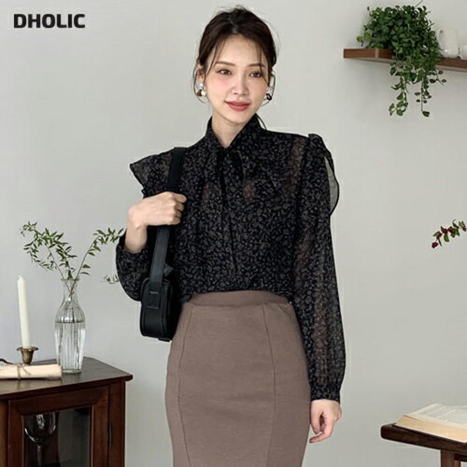 即日配送 フラワーフリルボウタイブラウス・全2色・b00188 レディース 【bl】 トップス ブラウス 長袖 花柄 フラワー フリル ボウタイ シフォン ギャザー カジュアル 大人 フェミニン 春 秋 冬 韓国ファッション ハイホリHIHOLLI