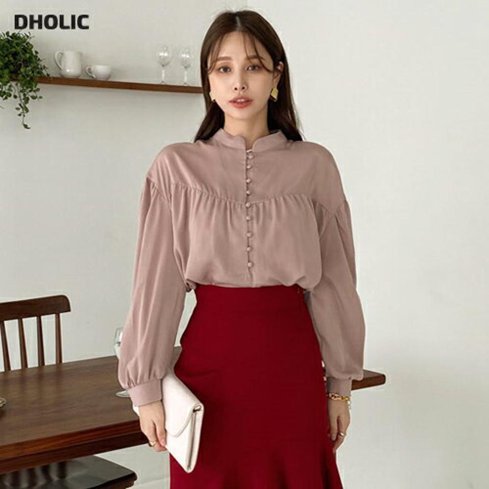 ギャザーハーフオープンブラウス・全3色・b00187 レディース 【bl】 トップス ブラウス 長袖 ギャザー ハーフオープン バンドカラー カジュアル 大人 フェミニン 春 秋 冬 韓国ファッション ハイホリHIHOLLI