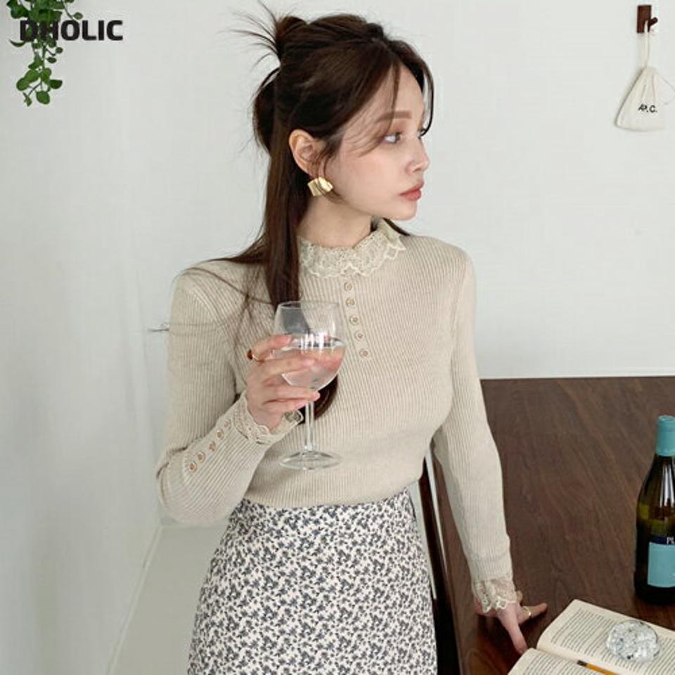 レースキュービックハーフネックリブニット・全2色・b00190 レディース 【tops】 トップス ニット 長袖 レース キュービック ハーフネック リブ レイヤード風 フィット 秋 冬 韓国ファッション ハイホリHIHOLLI 年上