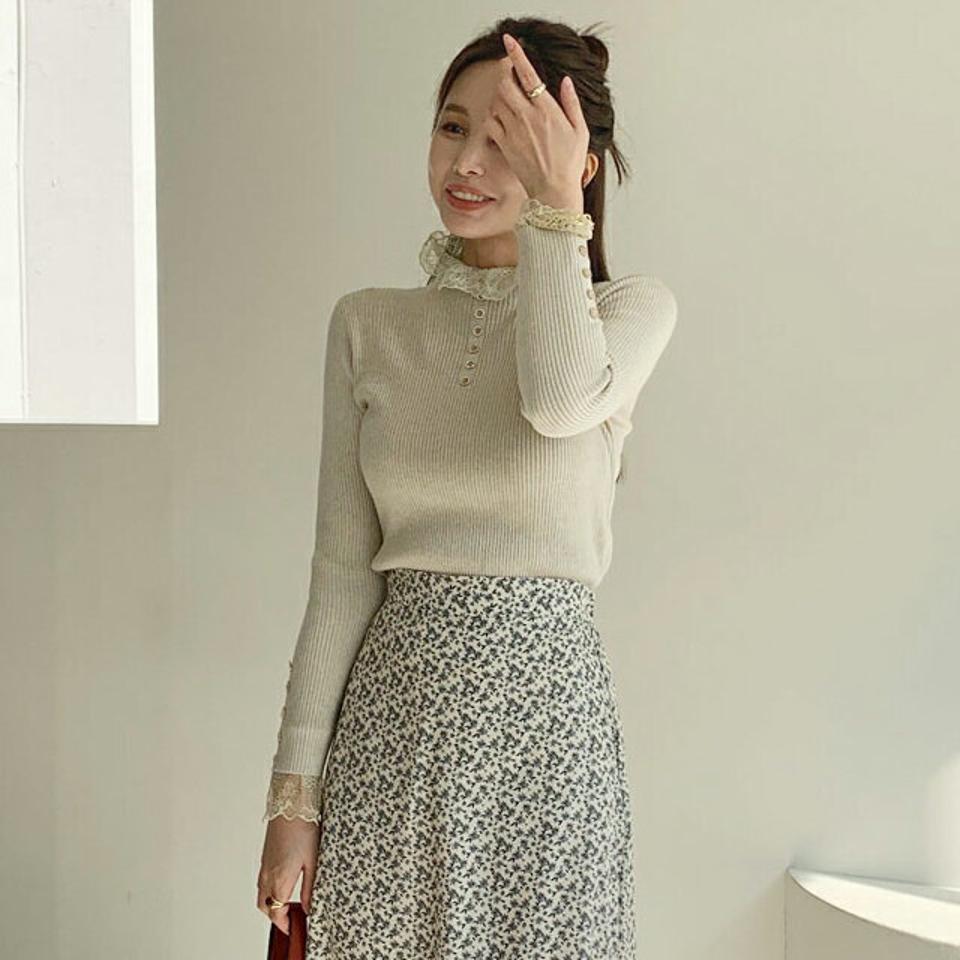 レースキュービックハーフネックリブニット・全2色・b00190 レディース 【tops】 トップス ニット 長袖 レース キュービック ハーフネック リブ レイヤード風 フィット 秋 冬 韓国ファッション ハイホリHIHOLLI 年上