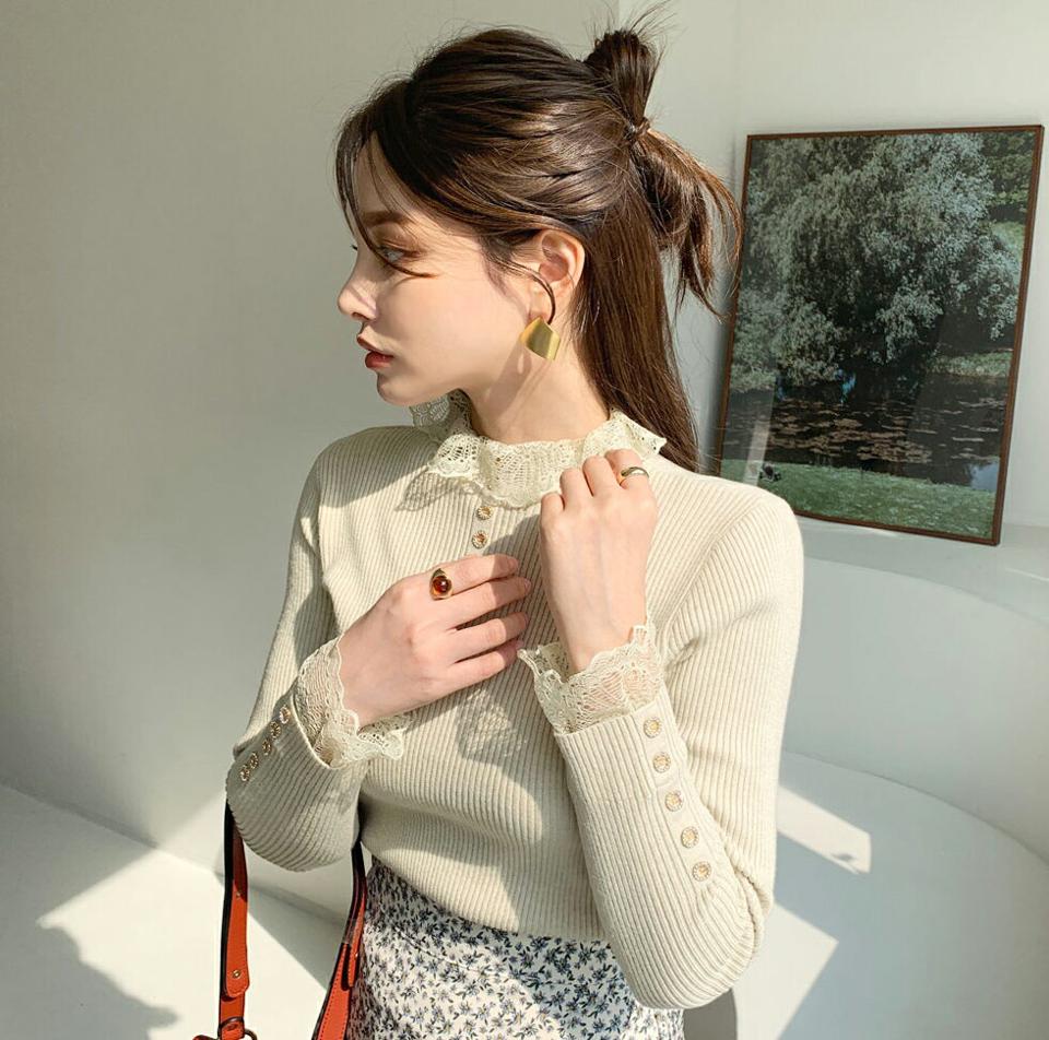 レースキュービックハーフネックリブニット・全2色・b00190 レディース 【tops】 トップス ニット 長袖 レース キュービック ハーフネック リブ レイヤード風 フィット 秋 冬 韓国ファッション ハイホリHIHOLLI 年上
