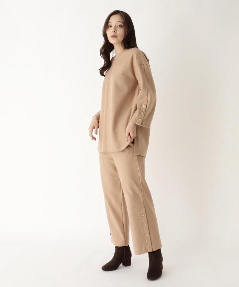 「Lサイズ」ウール混フェイクボタンセミワイドパンツ