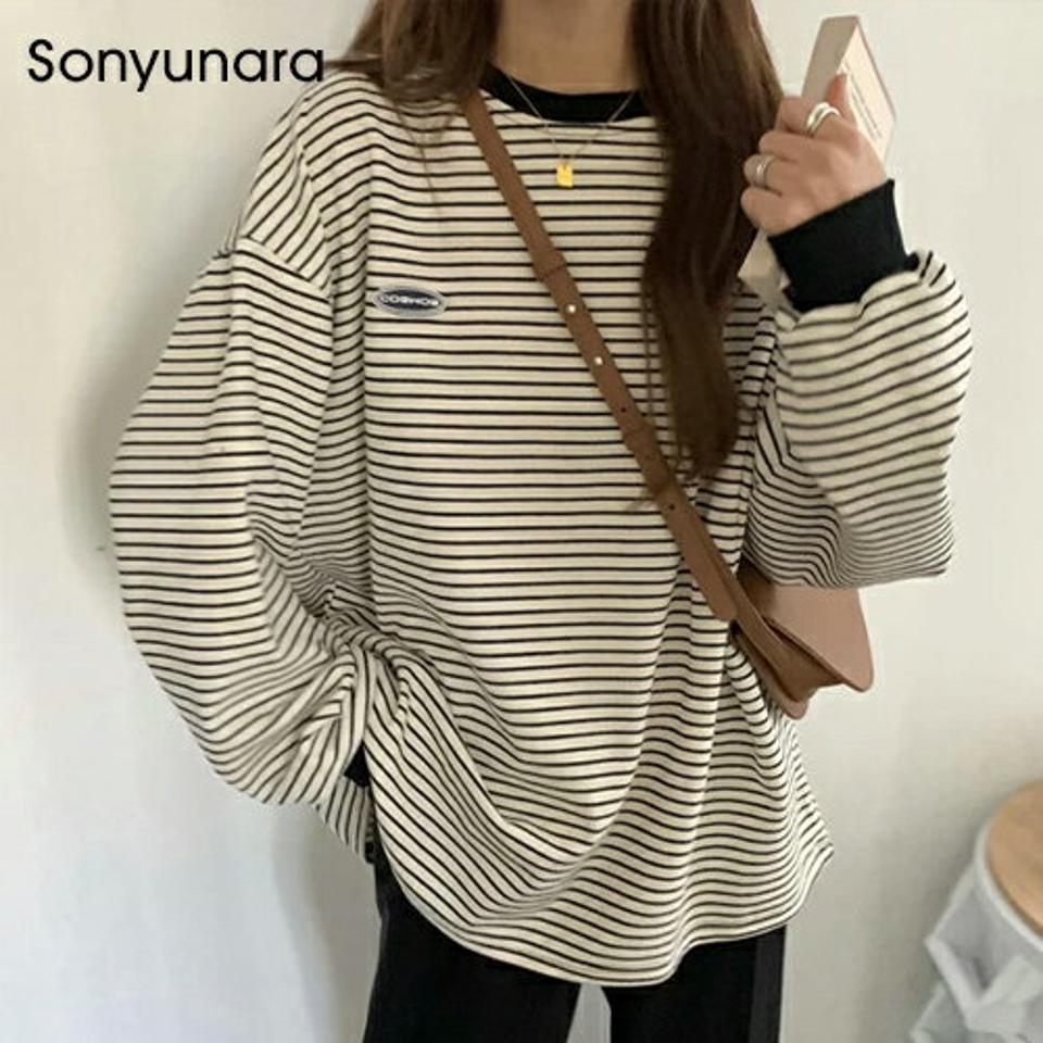 SONYUNARA(ソニョナラ)ストライプ袖ポイントTシャツ【11/5up_ka】韓国 韓国ファッション トップス スウェット MTM ボーダー オーバーサイズ 体系カバー レディース ファッション【5】