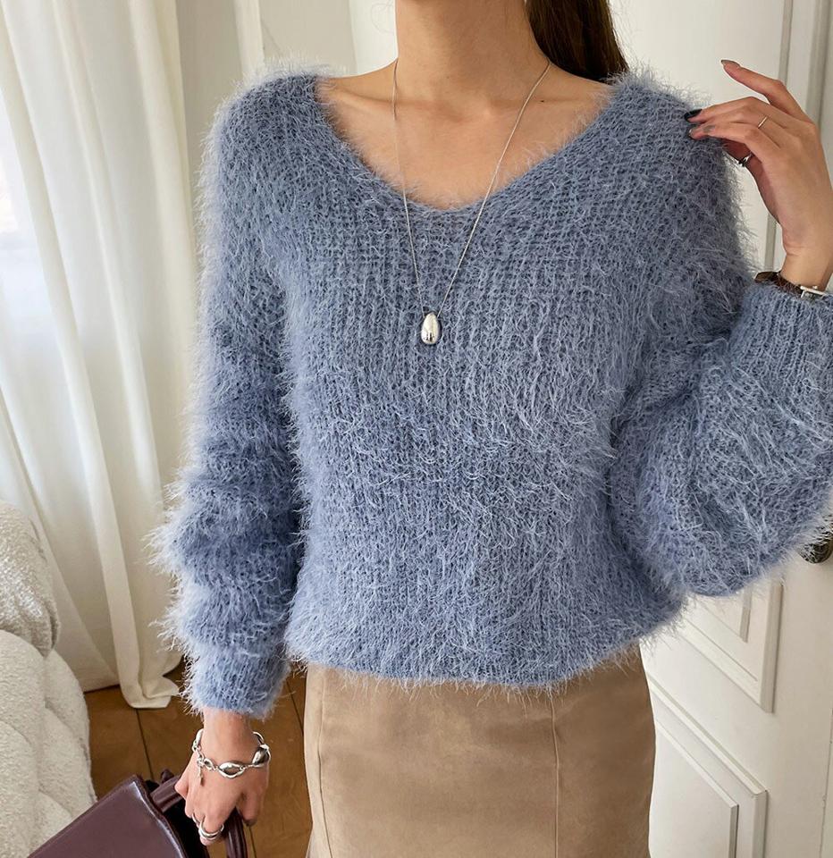 即日配送 ファータッチVネックルーズニット・全6色・t70817 レディース 【tops】トップス ニット 長袖 Vネック ファータッチ 柔らかい 単色 カラーニット シンプル カジュアル かわいい ラフ 秋 冬 韓国ファッション ハイホリHIHOLLI