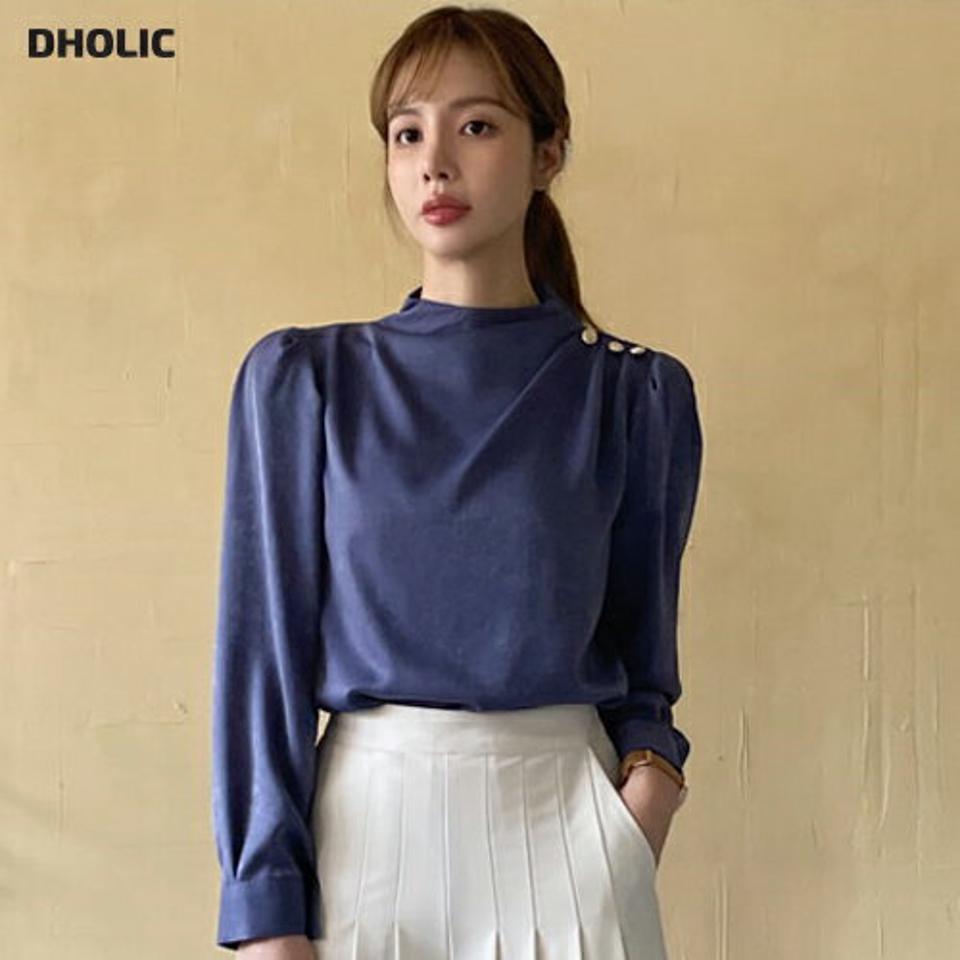 ≪人気商品再入荷≫ボタンタックブラウス・全4色・b70819 レディース 【bl】トップス ブラウス 長袖 タック 単色 高級感 ゴールドボタン 光沢 ギャザー ハーフネック 大人 エレガント 骨格ウェーブ 秋 冬 韓国ファッション ハイホリHIHOLLI