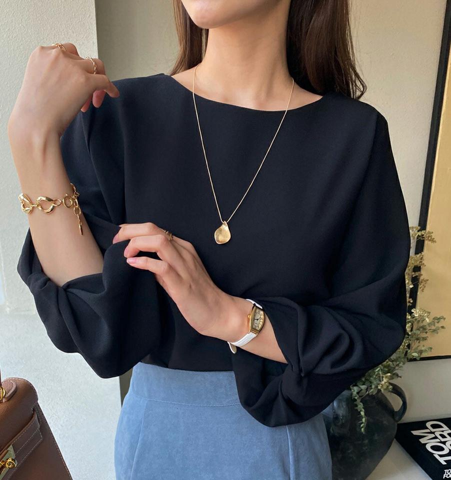 即日配送 タックバルーンスリーブブラウス・全4色・t70821 レディース 【bl】トップス ブラウス 七分丈 七分袖 長袖 バルーンスリーブ タック 単色 無地 シンプル フェミニン オフィスカジュアル きれいめ 秋 冬 韓国ファッション ハイホリHIHOLLI