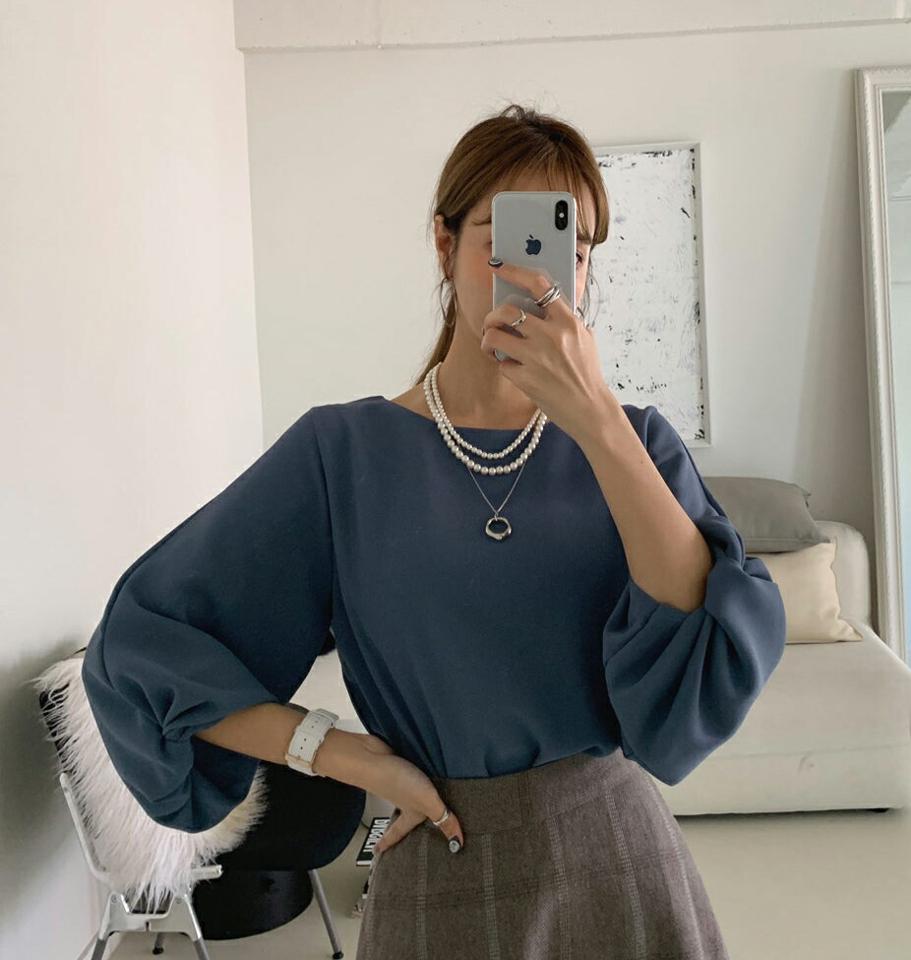 即日配送 タックバルーンスリーブブラウス・全4色・t70821 レディース 【bl】トップス ブラウス 七分丈 七分袖 長袖 バルーンスリーブ タック 単色 無地 シンプル フェミニン オフィスカジュアル きれいめ 秋 冬 韓国ファッション ハイホリHIHOLLI