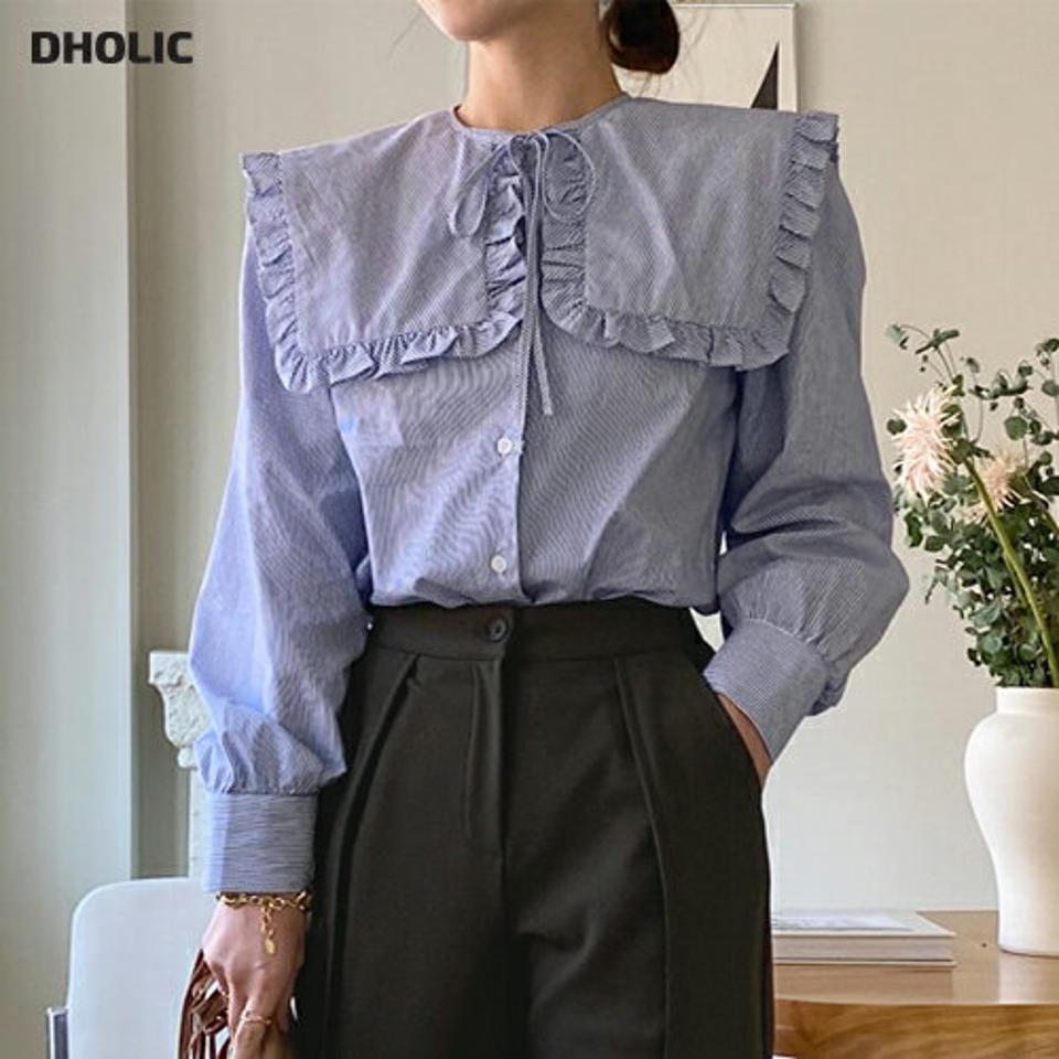 2TYPE付け襟SETブラウス・全2色・t70823 レディース 【bl】トップス ブラウス 長袖 つけ襟 付襟 ストライプ柄 単色 無地 シンプル ノーカラー 可愛い かわいい ガーリー 爽やか ギャザー セーラー フリル 秋 冬 韓国ファッション ハイホリHIHOLLI