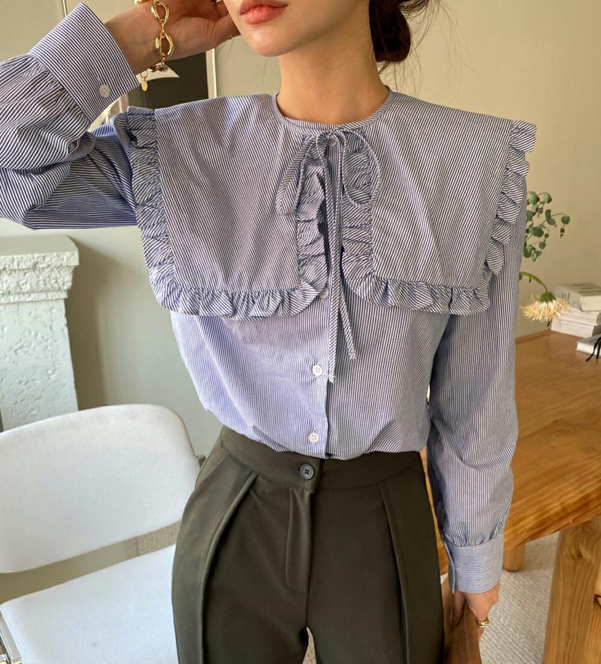 2TYPE付け襟SETブラウス・全2色・t70823 レディース 【bl】トップス ブラウス 長袖 つけ襟 付襟 ストライプ柄 単色 無地 シンプル ノーカラー 可愛い かわいい ガーリー 爽やか ギャザー セーラー フリル 秋 冬 韓国ファッション ハイホリHIHOLLI
