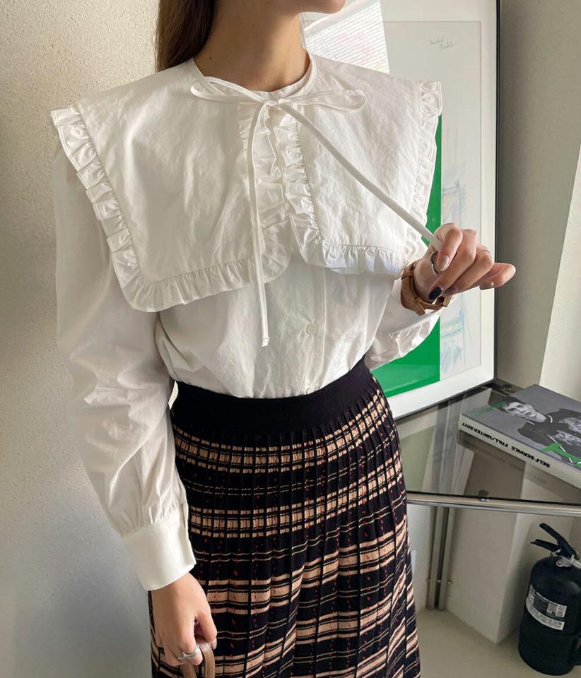 2TYPE付け襟SETブラウス・全2色・t70823 レディース 【bl】トップス ブラウス 長袖 つけ襟 付襟 ストライプ柄 単色 無地 シンプル ノーカラー 可愛い かわいい ガーリー 爽やか ギャザー セーラー フリル 秋 冬 韓国ファッション ハイホリHIHOLLI