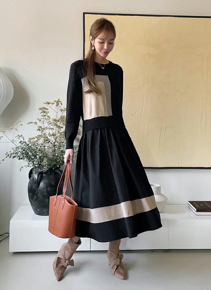 配色ニットドッキングワンピース・全3色・b70827 レディース 【ops】ワンピース ロング 長袖 ドッキング ニット 配色 モダン シック 柄 体型カバー 大人 異素材 フレア ライン ラウンドネック 秋 冬 韓国ファッション ハイホリHIHOLLI