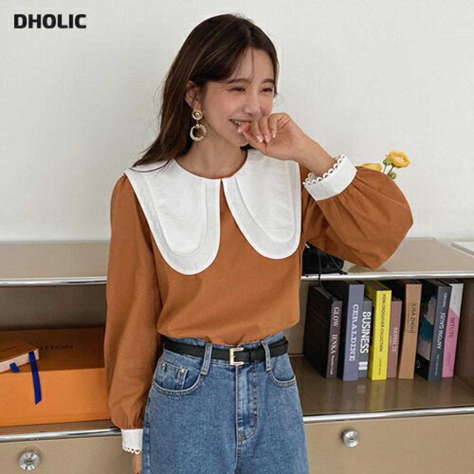 ビッグダブルカラーブラウス・全3色・b66134 レディース 【bl】韓国ファッション トップス ブラウス 長袖 カラーネック ビッグダブルカラー スカラップレース ギャザー大人 上品 無地 シンプル フェミニン 体型カバー ガーリー カジュアル 秋 冬