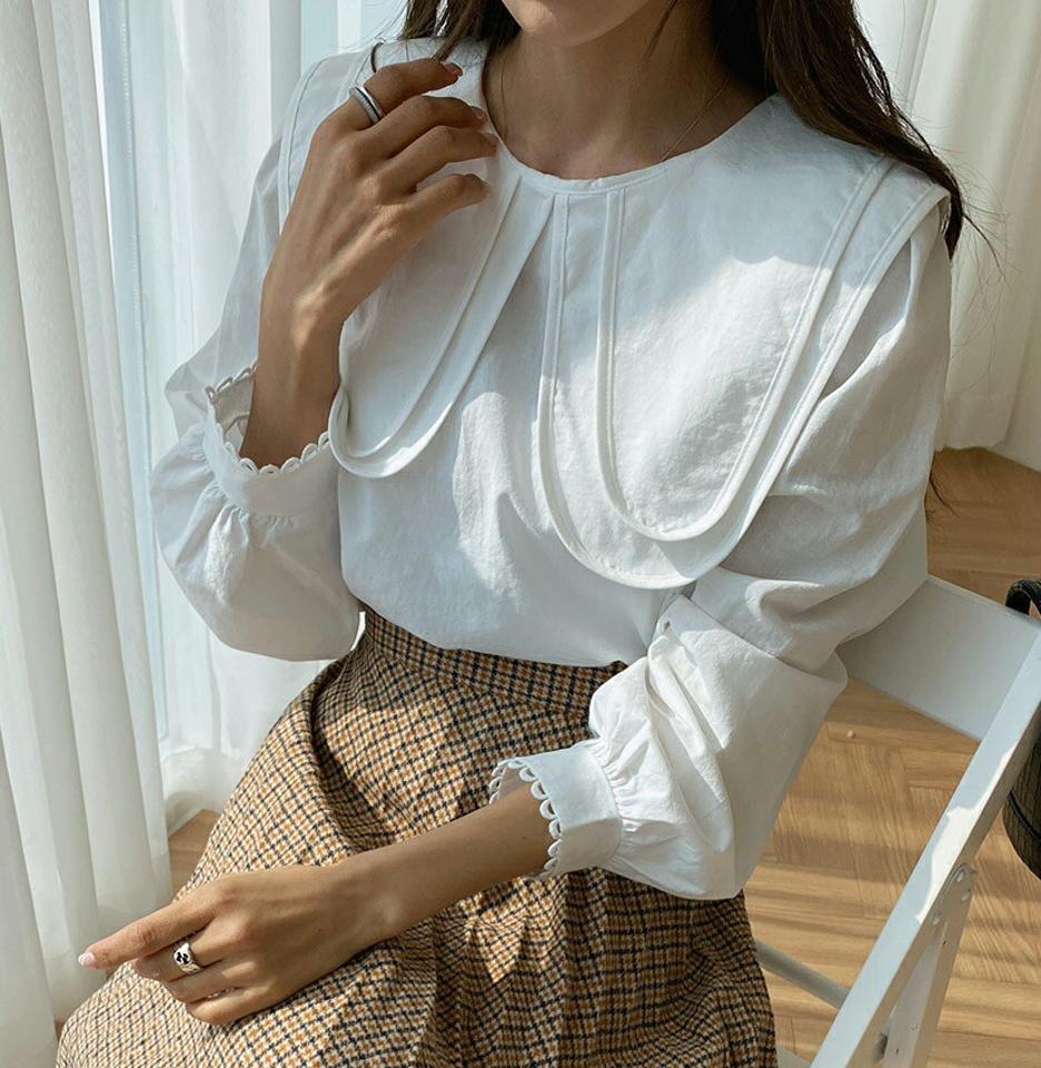 ビッグダブルカラーブラウス・全3色・b66134 レディース 【bl】韓国ファッション トップス ブラウス 長袖 カラーネック ビッグダブルカラー スカラップレース ギャザー大人 上品 無地 シンプル フェミニン 体型カバー ガーリー カジュアル 秋 冬
