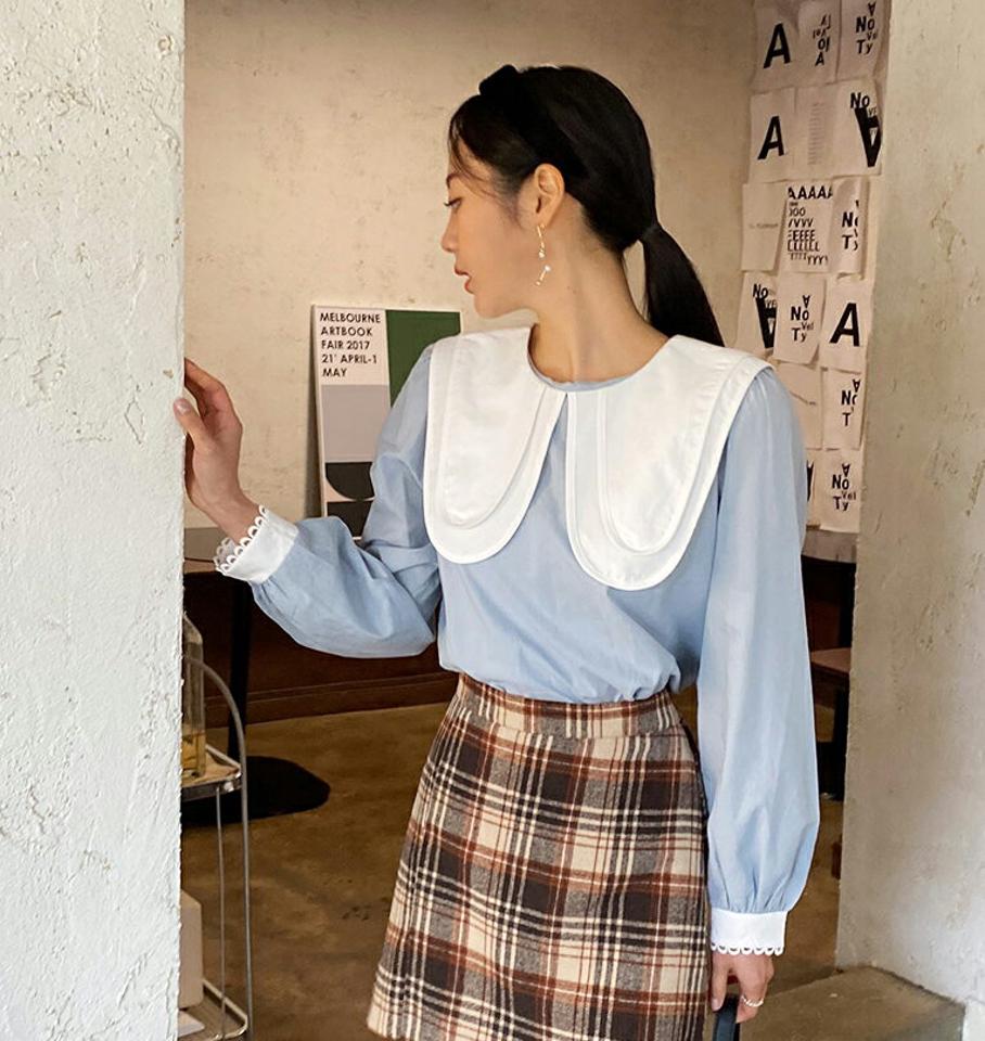 ビッグダブルカラーブラウス・全3色・b66134 レディース 【bl】韓国ファッション トップス ブラウス 長袖 カラーネック ビッグダブルカラー スカラップレース ギャザー大人 上品 無地 シンプル フェミニン 体型カバー ガーリー カジュアル 秋 冬