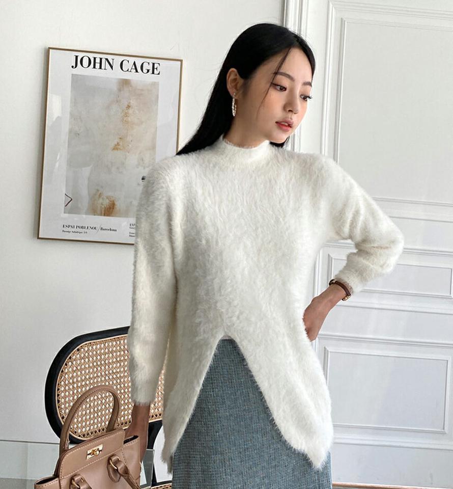 ウール混スリットソフトニット・全3色・b66138 レディース 【tops】韓国ファッション トップス ニット 年上 大人 長袖 ハーフネック ウール混 スリット 無地 シンプル カジュアル 細身 フェミニン 上品 インしない ふわふわ もこもこ クリスマス 秋 冬