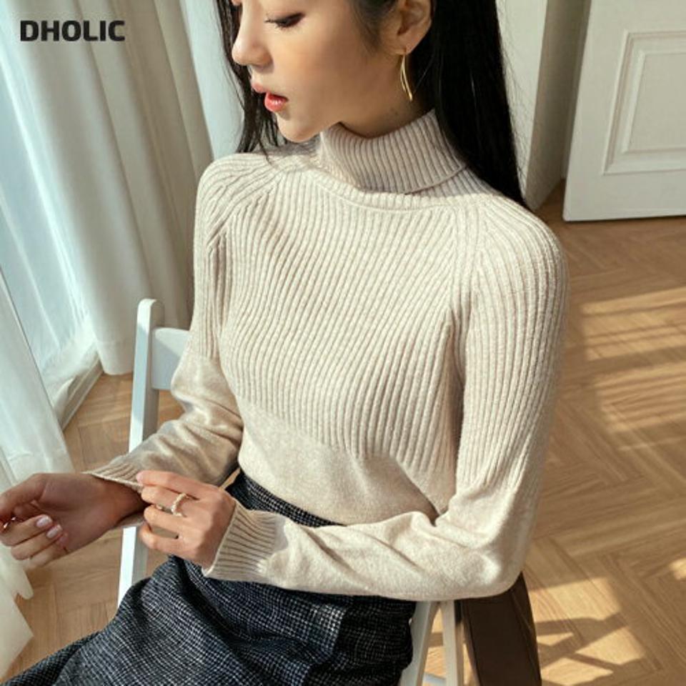 ハイネックリブニット・全4色・b66133 レディース 【tops】韓国ファッション トップス ニット 年上 大人 長袖 ハイネック モダン 無地 ベーシック シンプル アンバランスな丈 スリット カジュアル スリム 細身 フェミニン 上品 秋 冬