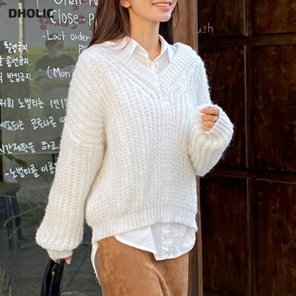 Vネックルーズフィットニット・全4色・t66161 レディース 【tops】韓国ファッション トップス ニット 大人 長袖 Vネック ルーズ ウール混 無地 シンプル カジュアル 大きいサイズ 体型カバー 細身 フェミニン 上品 デイリー 秋 冬