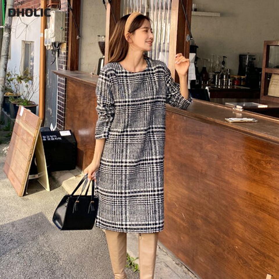 即日配送 ツイードミディワンピース・全3色・t66142 レディース 【ops】韓国ファッション ワンピース ミディ ミディワンピース 長袖 ラウンドネック ツイード ストレート 大人 ミディグ丈 シンプル フェミニン 体型カバー 秋 冬