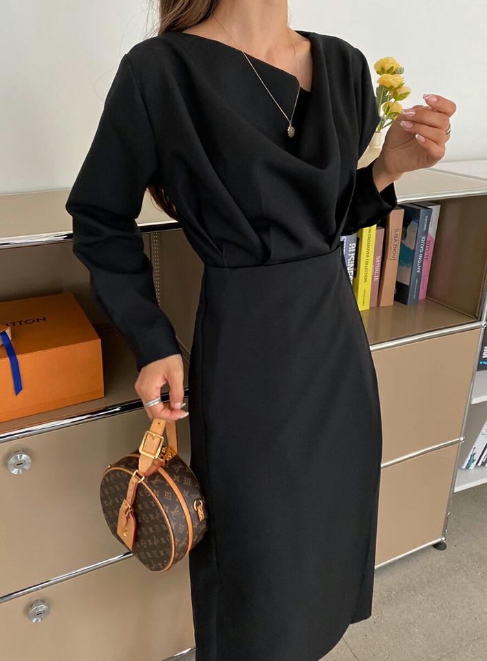 ドレープネックラップワンピース・全3色・b66145 レディース 【ops】韓国ファッション ワンピース ロング ロングワンピース 長袖 ドレープネック ラップ ロング丈 スリット 無地 シンプル フェミニン 体型カバー カジュアル 秋 冬