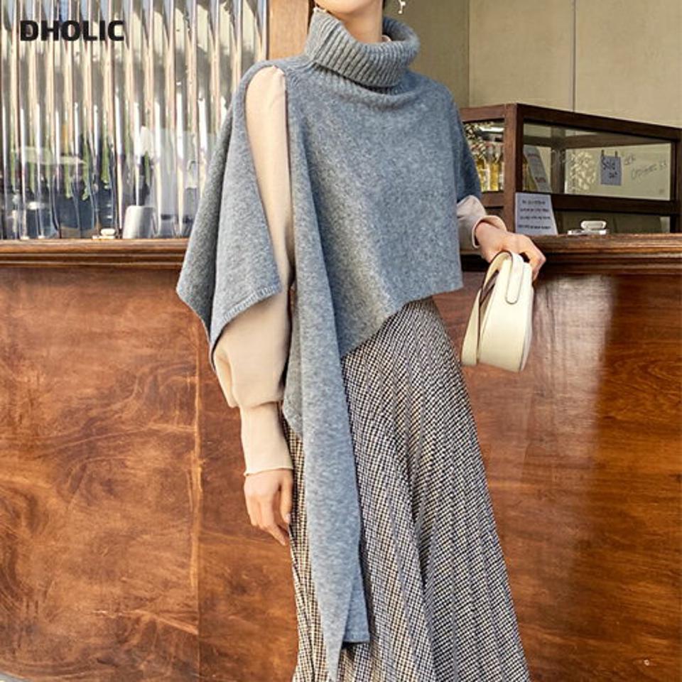 ケープ風タートルネックニット・全3色・t66165 レディース 【tops】韓国ファッション トップス ニット 大人 長袖 タートルネック ケープ風 ユニーク スリット アンバランス無地 シンプル スリム カジュアル 体型カバー 細身 フェミニン 上品 秋 冬