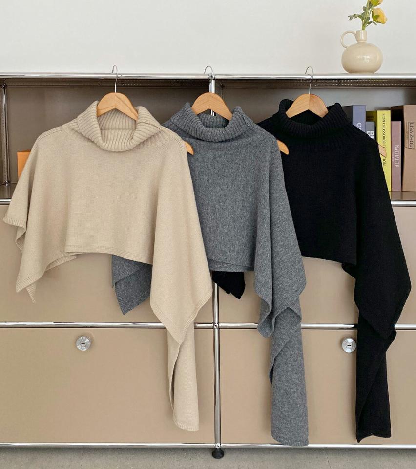 ケープ風タートルネックニット・全3色・t66165 レディース 【tops】韓国ファッション トップス ニット 大人 長袖 タートルネック ケープ風 ユニーク スリット アンバランス無地 シンプル スリム カジュアル 体型カバー 細身 フェミニン 上品 秋 冬