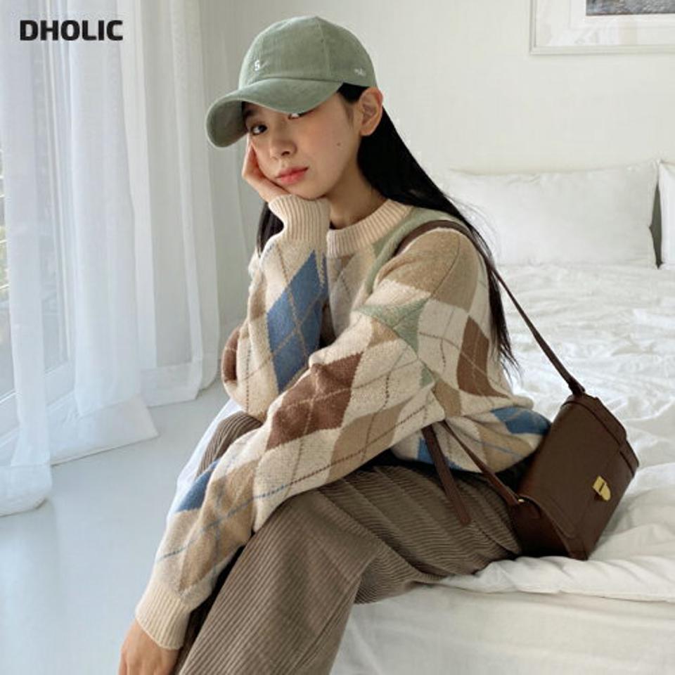 【マラソン特価】アーガイルラウンドネックニット・全4色・b01266 レディース 【tops】韓国ファッション トップス ニット 長袖 アーガイル ラウンドネック ルーズ ゆったり 柄ニット やわらかい シンプル スリム 体型カバー ガーリー デイリー 秋 冬 NIJU