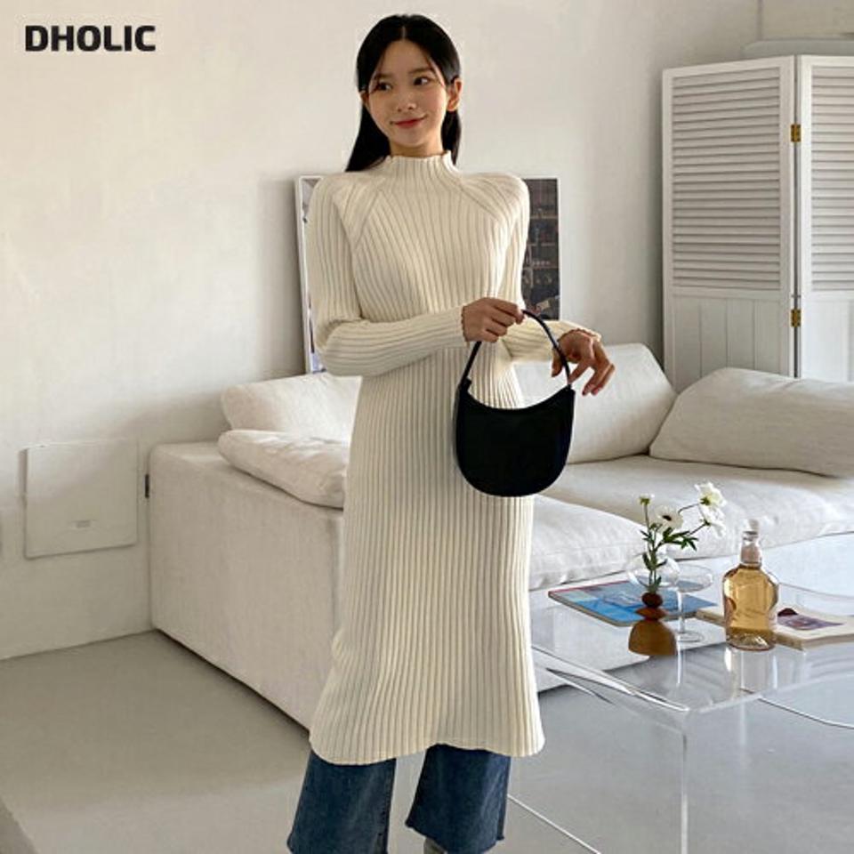 ハーフネックリブニットワンピース・全4色・b01269 レディース 【ops】韓国ファッション ワンピース ロング ロングワンピース 長袖 ハーフネック リブ ニット ストレッチ スリム フィット体型カバー 秋 冬 NIJU