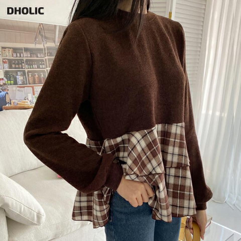 チェックティアードTシャツ・全2色・b01289 レディース 【tops】韓国ファッション 異素材ミックス トップス Tシャツ 長袖 ラウンドネック チェック ティアード パターン フレア スリム デイリー カジュアル インしない 秋 冬 NIJU