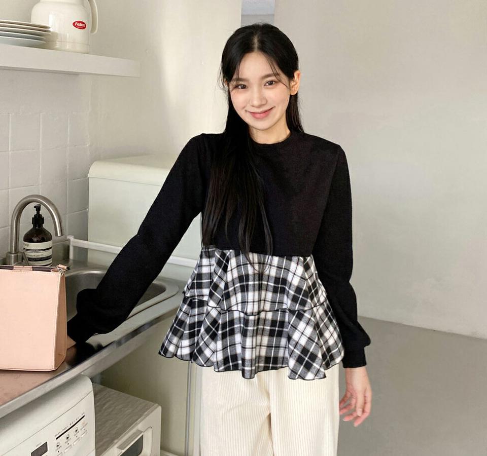 チェックティアードTシャツ・全2色・b01289 レディース 【tops】韓国ファッション 異素材ミックス トップス Tシャツ 長袖 ラウンドネック チェック ティアード パターン フレア スリム デイリー カジュアル インしない 秋 冬 NIJU