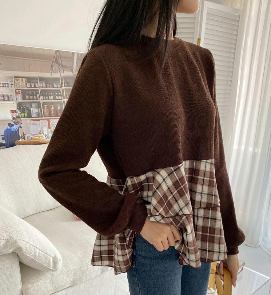 チェックティアードTシャツ・全2色・b01289 レディース 【tops】韓国ファッション 異素材ミックス トップス Tシャツ 長袖 ラウンドネック チェック ティアード パターン フレア スリム デイリー カジュアル インしない 秋 冬 NIJU