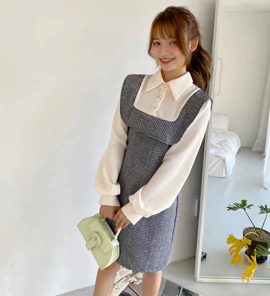 【新作10%OFF】ハウンドトゥースドッキングワンピース・全2色・t01268 レディース 【ops】韓国ファッション ワンピース ミニ ミニワンピース 長袖 ハウンドトゥース チェック レイヤード風 異素材 ブラウス リボン スリム パール ボタン 体型カバー 秋 冬 NIJU