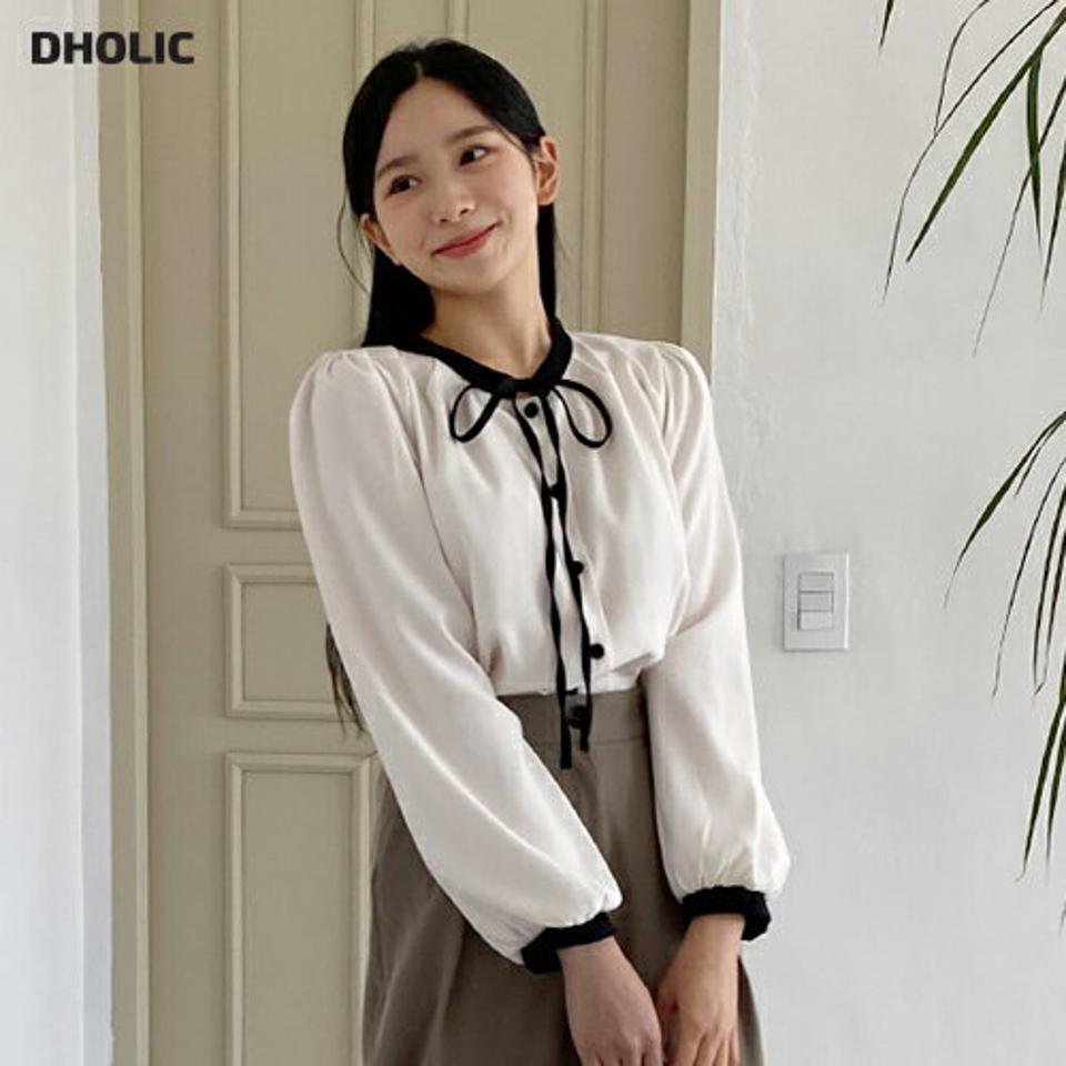 【新作10%OFF】配色ラインリボンブラウス・全3色・t01264 レディース 【bl】韓国ファッション トップス ブラウス 長袖 配色 ライン リボン ラウンドネック ギャザー ガーリー フェミニン 上品 体型カバー 細身 秋 冬 NIJU