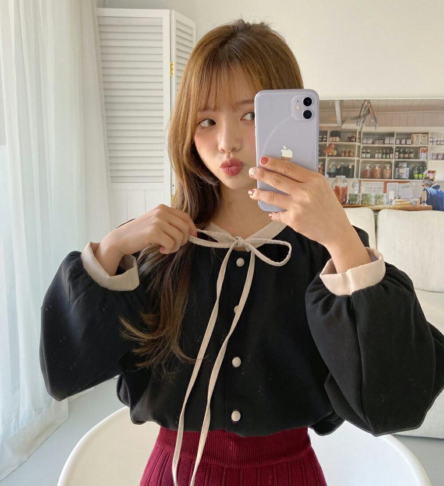 【新作10%OFF】配色ラインリボンブラウス・全3色・t01264 レディース 【bl】韓国ファッション トップス ブラウス 長袖 配色 ライン リボン ラウンドネック ギャザー ガーリー フェミニン 上品 体型カバー 細身 秋 冬 NIJU