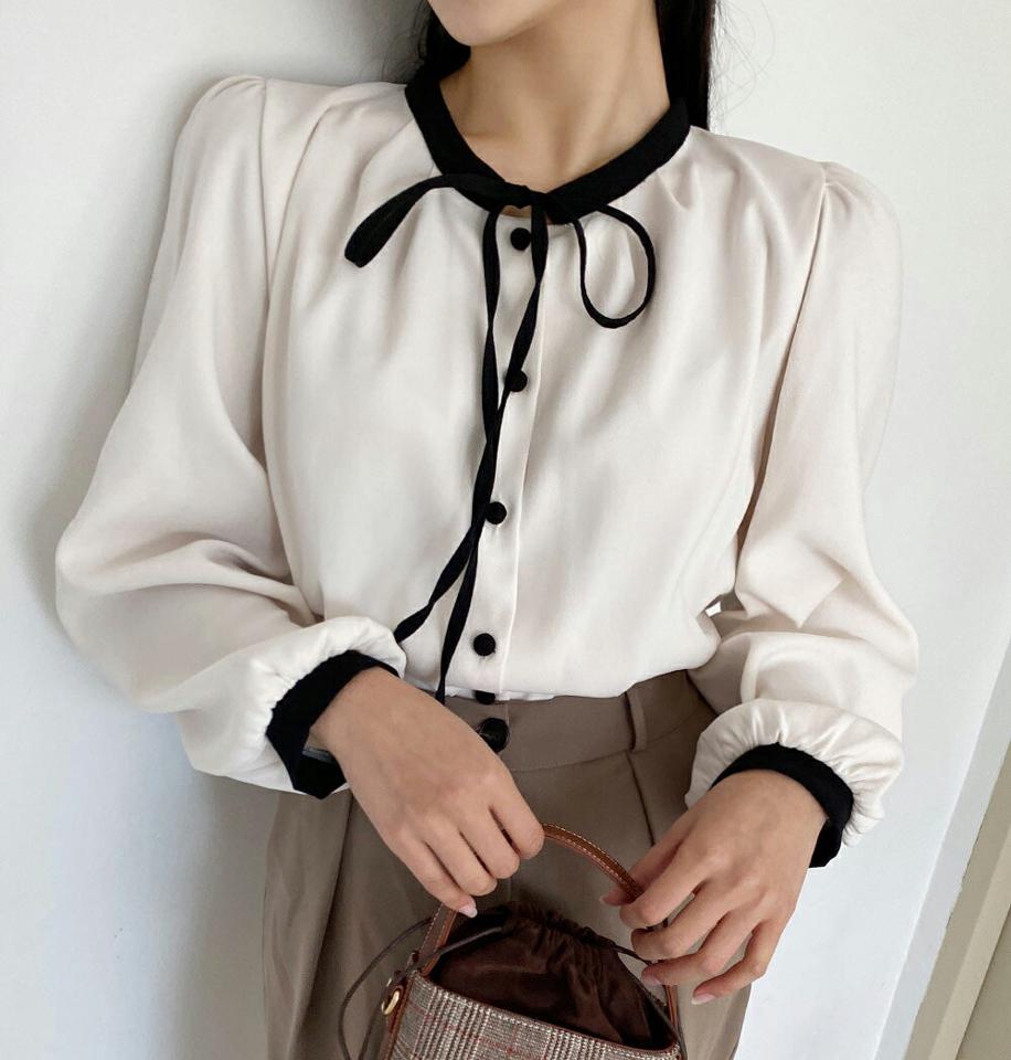 【新作10%OFF】配色ラインリボンブラウス・全3色・t01264 レディース 【bl】韓国ファッション トップス ブラウス 長袖 配色 ライン リボン ラウンドネック ギャザー ガーリー フェミニン 上品 体型カバー 細身 秋 冬 NIJU