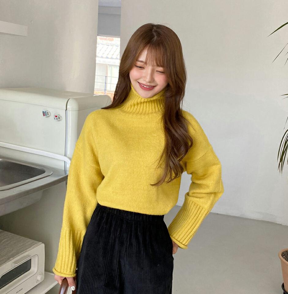 【只今10%OFF】ロールヘムハイネックネックニット・全7色・t01295 レディース 【tops】韓国ファッション トップス ニット 長袖 ロールヘム ハイネック スリム ゆったり ルーズ 細身 体型カバー ガーリー デイリー カジュアル 秋 冬 NIJU【ニットセール】