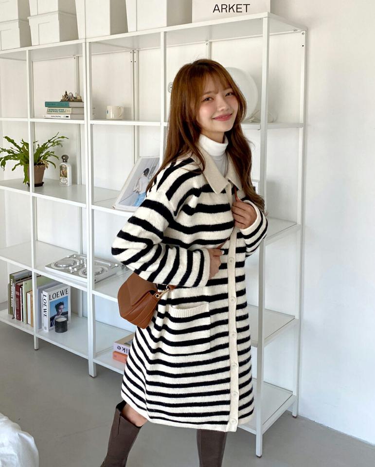 【新作10%OFF】ボーダーカラーニットミニワンピース・全2色・t01293 レディース 【ops】韓国ファッション ワンピース ミニ ミニワンピース 長袖 ボーダー カラー カラーネック ニット ガーリー スリム 体型カバー ドロップショルダー 秋 冬 NIJU