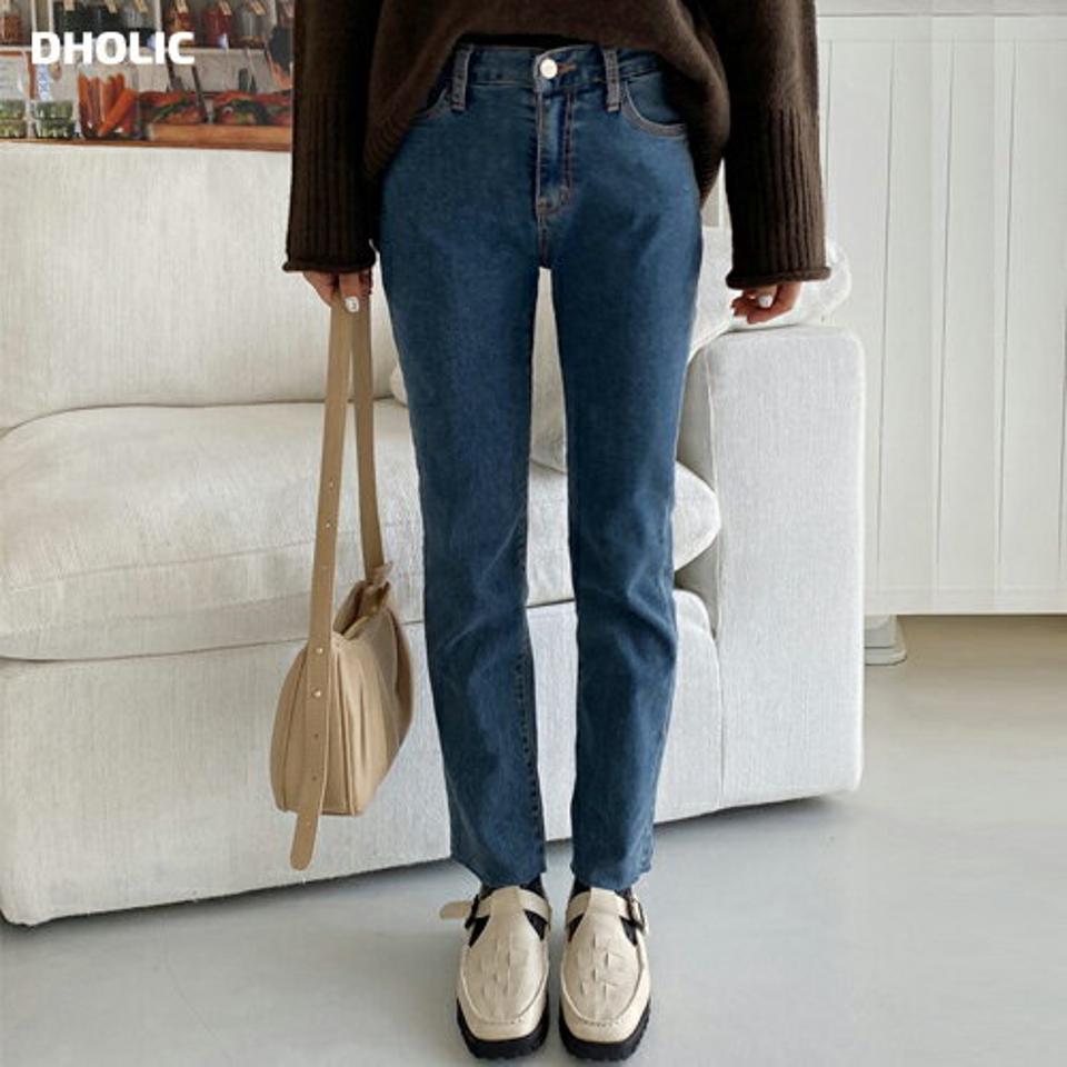 裏起毛カットオフデニムパンツ・全2色・t01281 レディース 【pt】韓国ファッション ボトムス パンツ ロング 裏起毛 デニムパンツ デニム カットオフ スリム フィット 美脚 フルレングス 骨格ストレート カジュアル 秋 冬 NIJU