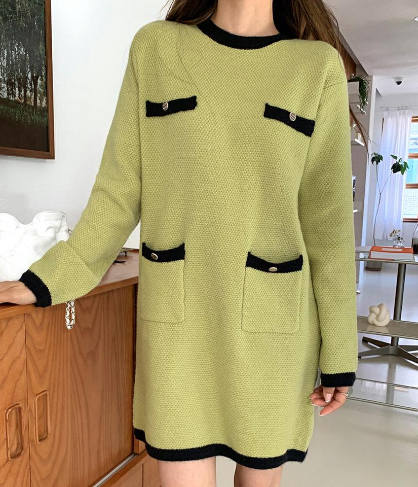 即日配送 ワッフル配色ニットミニワンピース・全4色・b65362 レディース 【ops】韓国ファッション ワンピース ミニ ミニワンピース 長袖 ラウンドネック ワッフル 配色 ニット 大人 ミニ丈 シンプル ルーズ フェミニン 体型カバー 秋 冬
