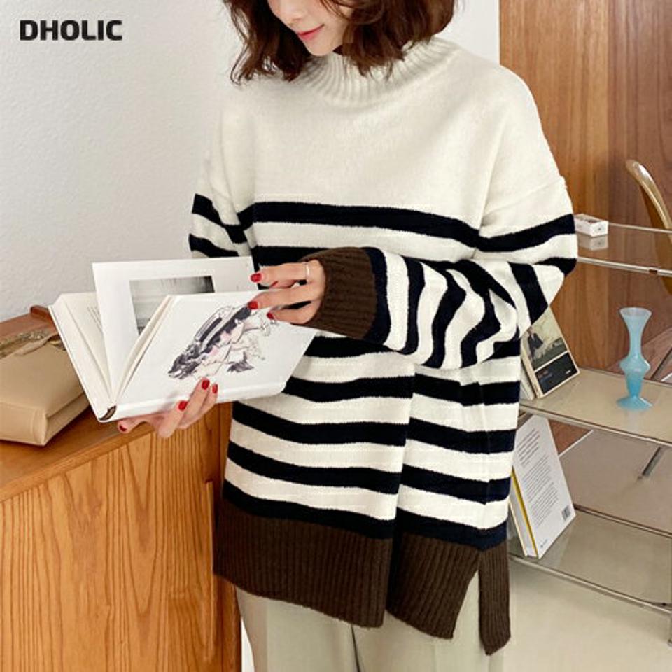 【新作10%OFF】ボーダーハーフネック配色ニット・全3色・b65359 レディース 【tops】韓国ファッション トップス ニット 大人 長袖 ハーフネック 配色 ボーダー アンバランスな丈 スリット カジュアル デイリー 体型カーバー フェミニン 上品 シンプル 秋 冬