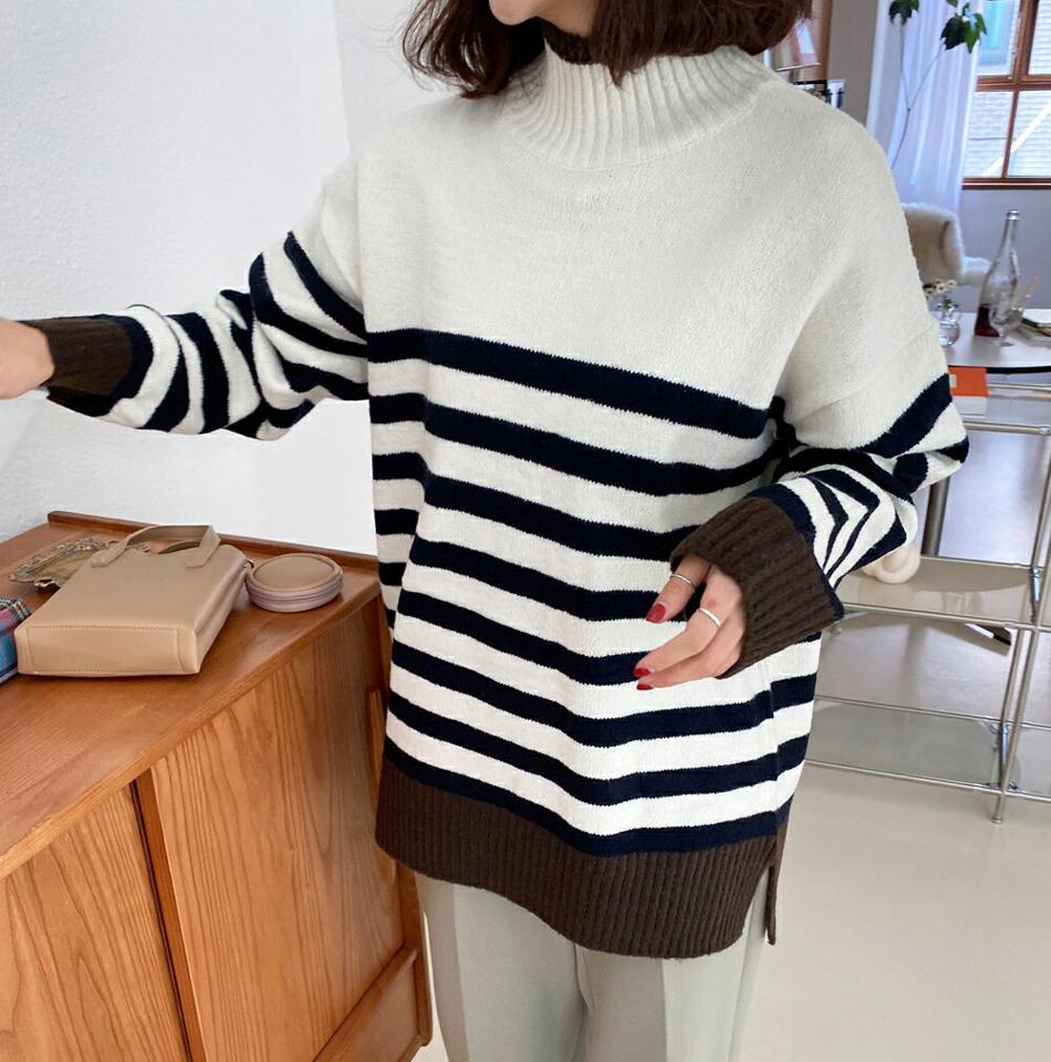【新作10%OFF】ボーダーハーフネック配色ニット・全3色・b65359 レディース 【tops】韓国ファッション トップス ニット 大人 長袖 ハーフネック 配色 ボーダー アンバランスな丈 スリット カジュアル デイリー 体型カーバー フェミニン 上品 シンプル 秋 冬