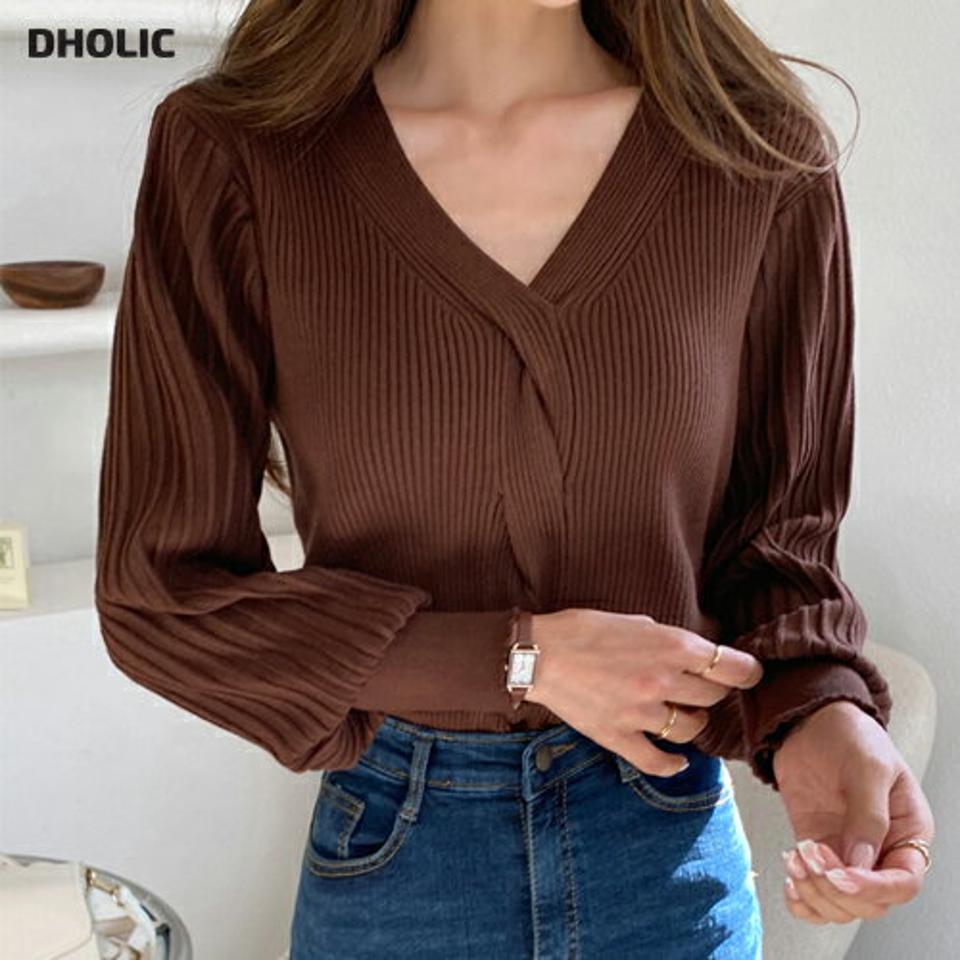 ツイストリブニット・全4色・b65355 レディース 【tops】韓国ファッション トップス ニット 年上 大人 長袖 Vネック ツイスト リブ カジュアル ドロップショルダー フェミニン 上品 無地 シンプル 秋 冬