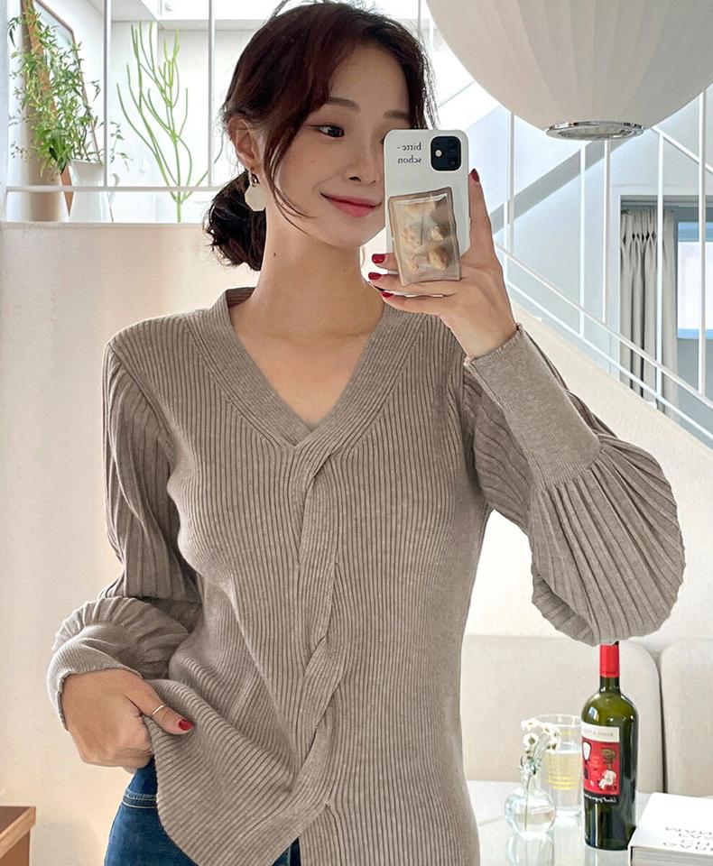 ツイストリブニット・全4色・b65355 レディース 【tops】韓国ファッション トップス ニット 年上 大人 長袖 Vネック ツイスト リブ カジュアル ドロップショルダー フェミニン 上品 無地 シンプル 秋 冬
