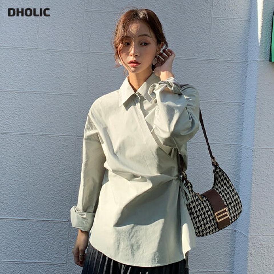 【新作10%OFF】カラーネックラップシャツ・全3色・t65354 レディース 【bl】韓国ファッション トップス シャツ 長袖 カラーネックク ラップシャツ ボタン ストラップ 無地 単色 シンプル カジュアル ルーズ 体型カバー ガーリー 秋 冬