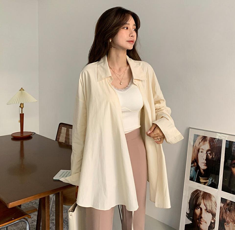 【新作10%OFF】カラーネックラップシャツ・全3色・t65354 レディース 【bl】韓国ファッション トップス シャツ 長袖 カラーネックク ラップシャツ ボタン ストラップ 無地 単色 シンプル カジュアル ルーズ 体型カバー ガーリー 秋 冬