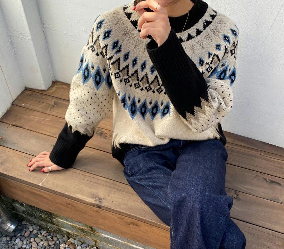 ノルディックルーズフィットニット・全3色・t65358 レディース 【tops】韓国ファッション トップス ニット 大人 長袖 ラウンドネック ノルディック アクリル カジュアル 柄ニット ルーズ 体型カバー フェミニン 上品 シンプル 秋 冬236