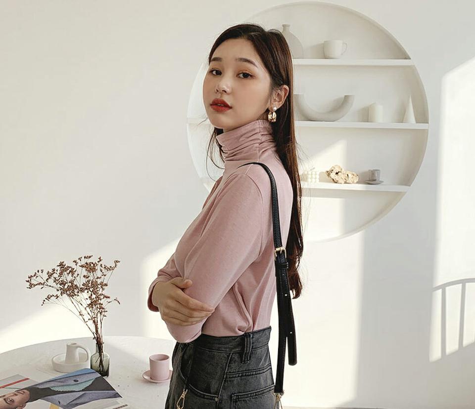 裏起毛ハイネックTシャツ・全5色・e62802 レディース 【tops】韓国ファッション トップス Tシャツ 大人 長袖 ハイネック 裏起毛 無地 ベーシック シンプル スリム フェミニン デイリー プルオーバー クリスマス 暖かい カットソー 上品 高見え 冬