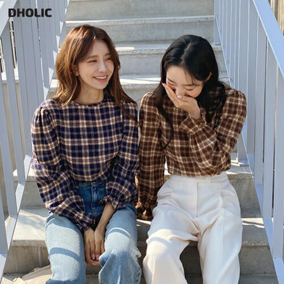 ラウンドチェックブラウス・全2色・t65710 レディース 【bl】韓国ファッション トップス ブラウス 長袖 ラウンドネック 起毛 チェック 大人 上品 シンプル ギャザー フェミニン 体型カバー ガーリー カジュアル 秋 冬