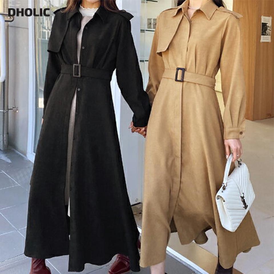 【新作10%OFF】ベルト付トレンチロングワンピース・全2色・b65714 レディース 【ops】韓国ファッション ワンピース ロング ロングワンピース 長袖 ベルト付 トレンチ ロング丈 スエード風 無地 ベーシック シンプル フェミニン 体型カバー カジュアル 秋 冬